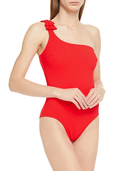 Shop Zimmermann Zinnia One-shoulder Bow-embellished Swimsuit In Tomato Red