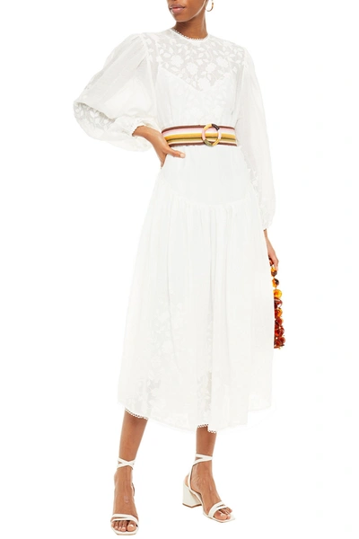 Shop Zimmermann Zinnia Belted Embroidered Ramie-voile Midi Dress In White