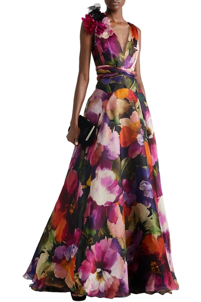 Shop Marchesa Appliquéd Tulle-paneled Floral-print Silk-organza Gown In Multicolor