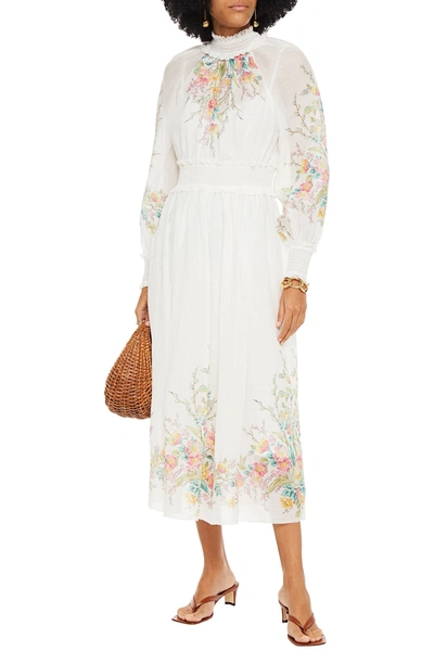 Shop Zimmermann Zinnia Shirred Floral-print Ramie-voile Midi Dress In White