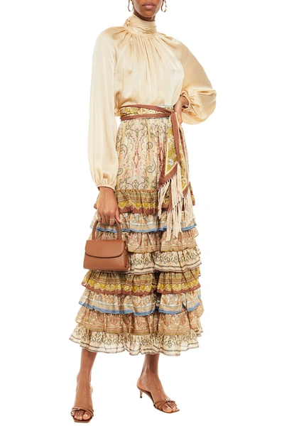 Shop Zimmermann Freja Tiered Printed Silk Crepe De Chine Midi Skirt In Beige