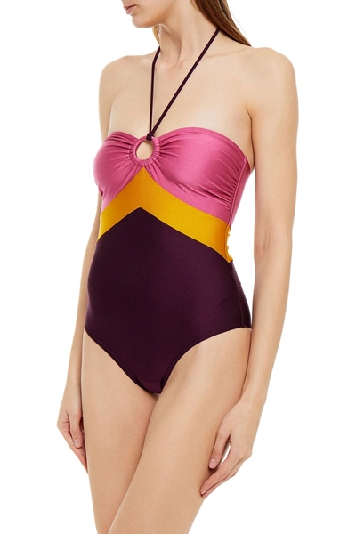 Shop Zimmermann Edie Trio Ring-embellished Color-block Bandeau Swimsuit In Grape