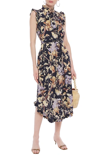 Shop Zimmermann Sabotage Ruffled Floral-print Silk-blend Midi Dress In Navy