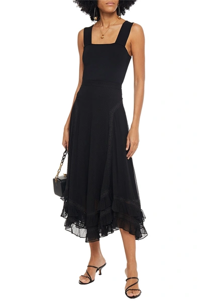 Shop Zimmermann Sabotage Lace-trimmed Flocked Silk-georgette Midi Skirt In Black