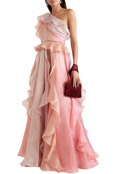Shop Marchesa One-shoulder Ruffled Silk-organza Gown In Baby Pink