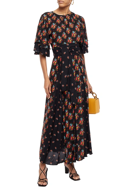 Shop Gül Hürgel Pleated Floral-print Mousseline Maxi Dress In Black