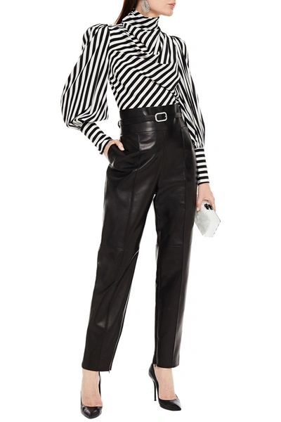 Shop Alexandre Vauthier Crystal-embellished Belted Leather Tapered Pants In Black