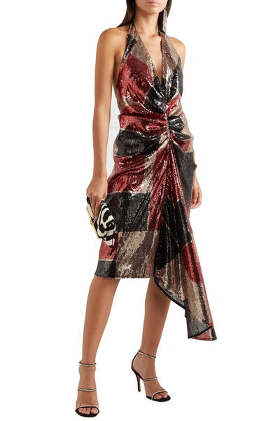 Shop Halpern Draped Sequined Tulle Halterneck Midi Dress In Multicolor