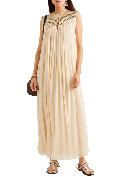 Shop Chloé Embellished Frayed Silk-georgette Gown In Pastel Yellow