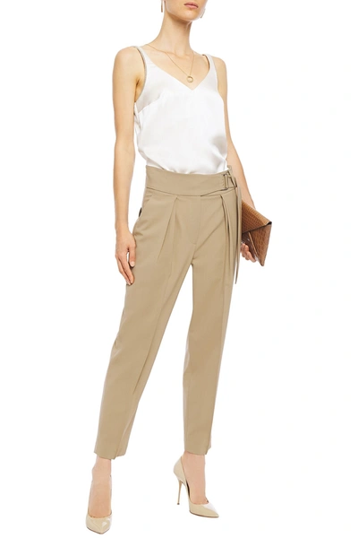 Shop Brunello Cucinelli Belted Pleated Wool-blend Tapered Pants In Sand