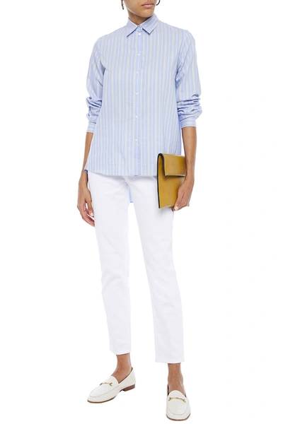 Shop Sandro Sielle Pleated Crepe De Chine-paneled Striped Cotton-blend Poplin Shirt In Light Blue