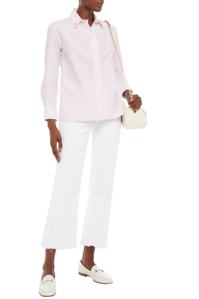 Shop Sandro Pollie Studded Striped Cotton-poplin Shirt In Pastel Pink