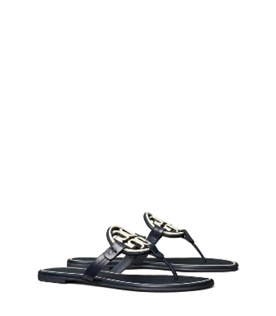 Shop Tory Burch Miller Metal-logo Sandal, Leather In Perfect Navy / New Cream
