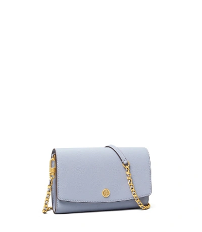 Shop Tory Burch Robinson Chain Wallet In Cloud Blue / Rolled Brass