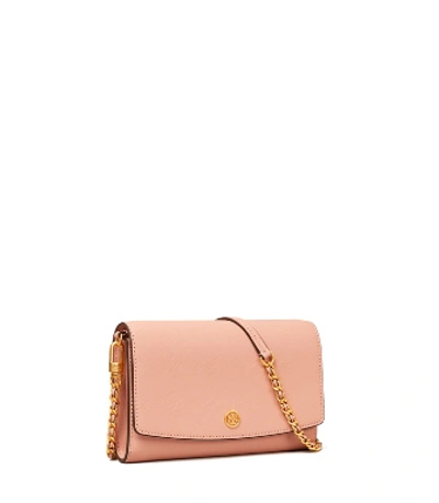 Shop Tory Burch Robinson Chain Wallet In Pink Moon / Rolled Brass