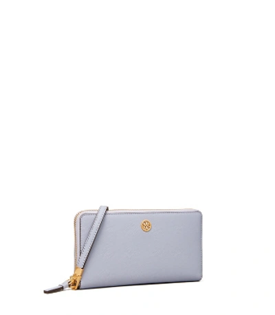 Shop Tory Burch Robinson Zip Continental Wallet In Cloud Blue / Rolled Brass