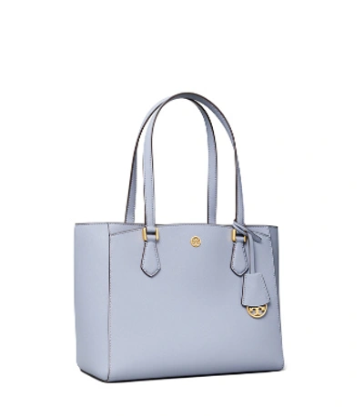 Shop Tory Burch Robinson Small Tote Bag In Cloud Blue / Rolled Brass