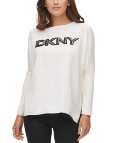 Shop Dkny Drop-shoulder Sequin Logo Sweater In White