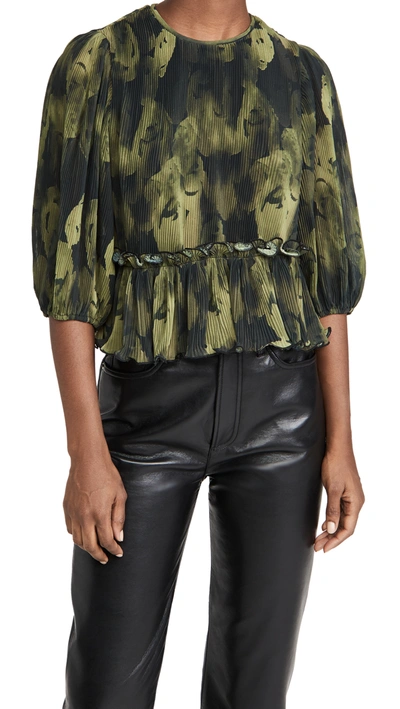 Shop Ganni Pleated Georgette Blouse In Olive Drab