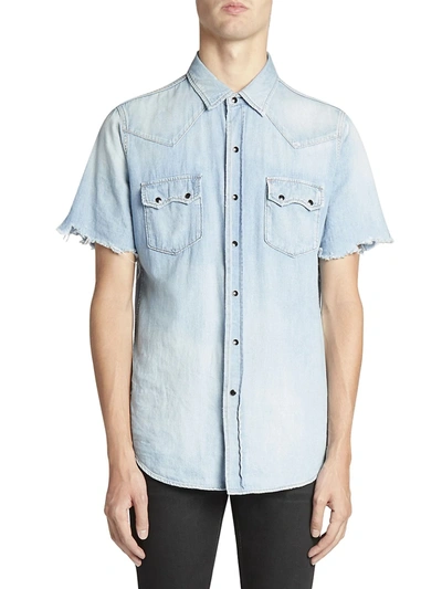 Shop Saint Laurent Men's Short-sleeve Western Pocket Denim Button-down Shirt In Sky Blue