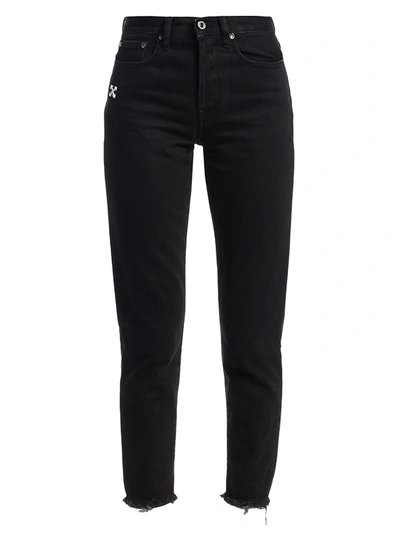 Shop Off-white Women's Slim-fit Frayed-hem Crop Jeans In Black White