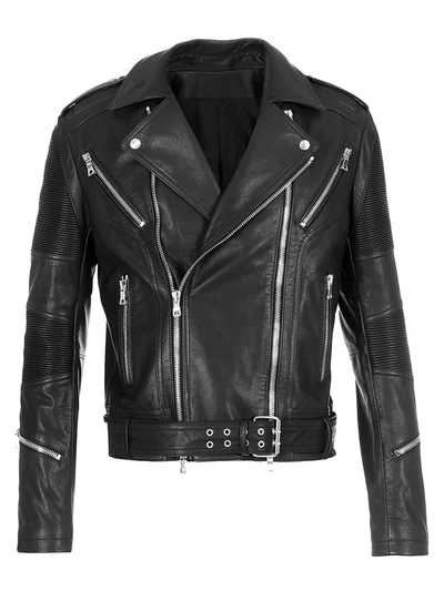 Shop Balmain Men's Rib-patch Leather Moto Jacket In Noir