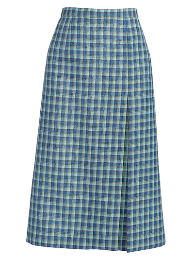 Shop Balenciaga Women's High Slit Plaid Pencil Skirt In Blue Azure