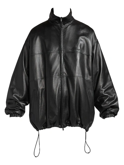 Shop Balenciaga Men's Oversized Leather Track Jacket In Black