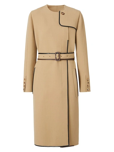 Shop Burberry Women's Leather-trim Wool-blend Dress Coat In Honey
