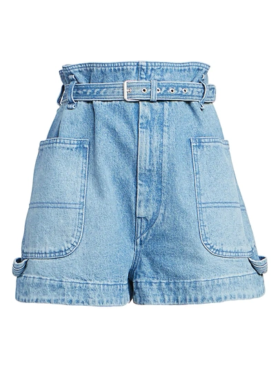 Shop Isabel Marant High-rise Paperbag Belted Denim Shorts In Light Blue