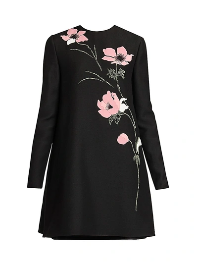 Shop Valentino Women's Crepe Couture Embroidered Floral Wool & Silk Shift Dress In Black