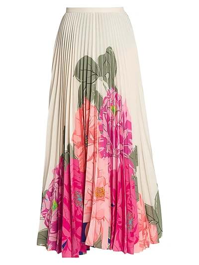 Shop Valentino Women's Camelia Plissé Pleated Floral Silk Maxi Skirt In Avorio Fuchsia