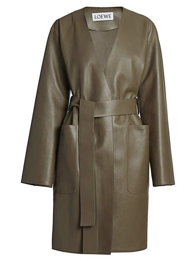 Shop Loewe Women's Belted Leather Wrap Coat In Khaki Green