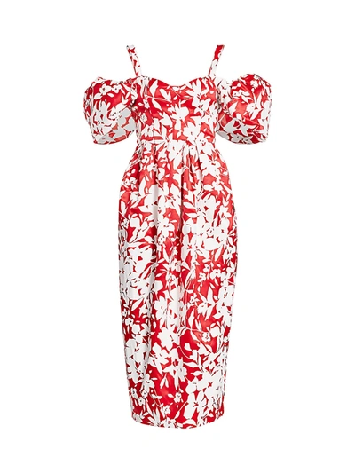 Shop Rosie Assoulin Women's Off-the-shoulder Puff-sleeve Floral Silk Midi Dress In Serrano Red