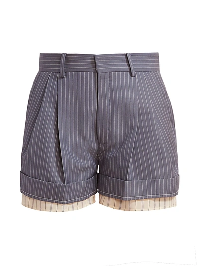 Shop Chloé Layered Cuff Pinstripe Shorts In Stormy Blue