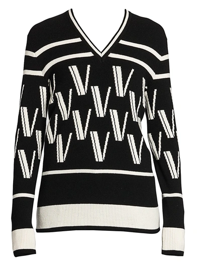 Shop Valentino Women's Double V Intarsia Knit Wool & Cashmere Sweater In Nero Bianco