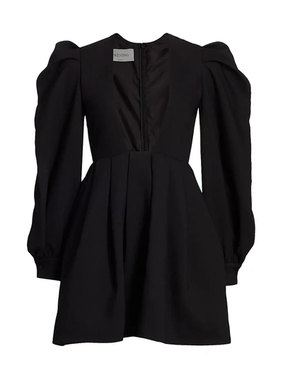 Shop Valentino Women's Puff-sleeve Deep V Square-neck Mini Dress In Black