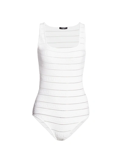 Shop Balmain Women's Logo-embossed Stripe Bodysuit In White