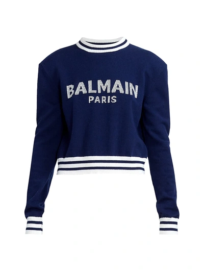 Shop Balmain Women's Cropped Logo Wool-blend Sweater In Marine Blanc