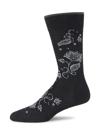 Shop Marcoliani Oriental Floral Piqué Knit Crew Socks In Charcoal