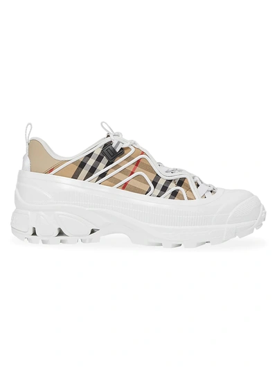 Shop Burberry Men's Arthur Vintage Check Cotton & Leather Chunky Sneakers In Archive Beige