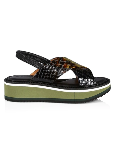 Shop Clergerie Freedom Snakeskin-embossed Leather Platform Wedge Slingback Sandals In Olive