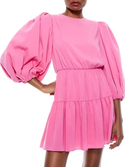Shop Alice And Olivia Shayla Pleated-sleeve Tiered Mini Dress In Wild Pink
