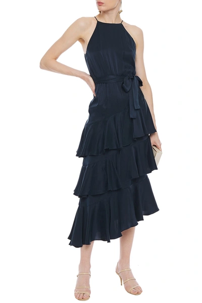 Shop Zimmermann Asymmetric Tiered Washed-silk Midi Dress In Navy