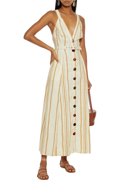 Shop Nicholas Yasmine Belted Printed Linen Maxi Dress In Ivory