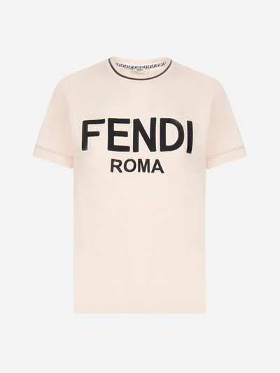 Shop Fendi T-shirt In Cotone Con Logo In Pinkish Beige