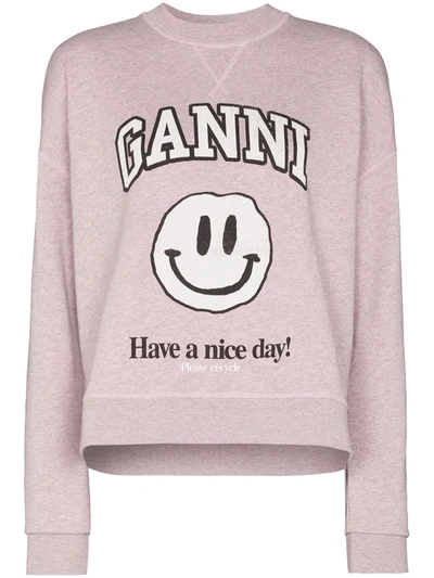 Shop Ganni Smiley Print Sweatshirt In Purple