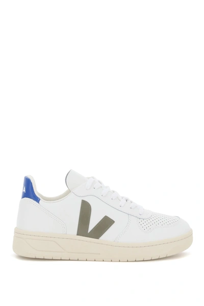 Shop Veja V-10 Leather Sneakers In Extra White Kaki Indigo (white)