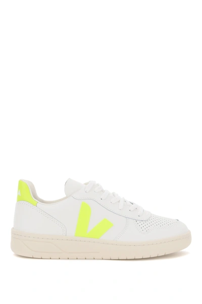 Shop Veja V-10 Leather Sneakers In Extra White Jaune Fluo (white)
