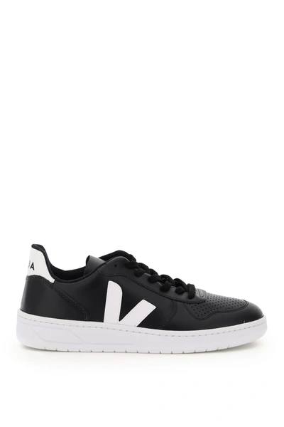 Shop Veja V-10 Leather Sneakers In Black White White Sole (black)